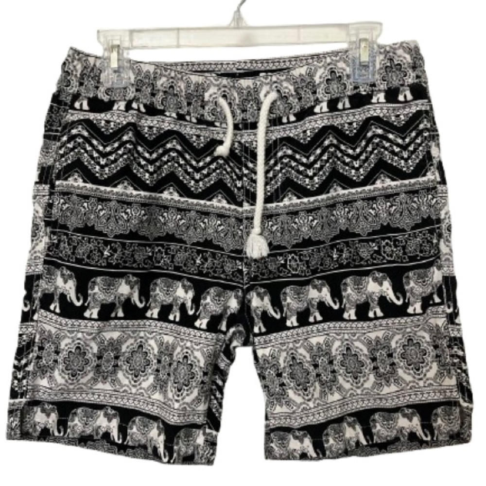 Cotton Black and White Elephant Patterned Flat Front Short Size S Two Men
